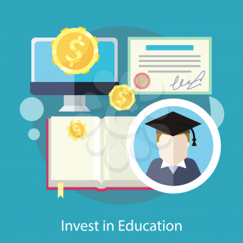 Invest money in education. College graduate in circular frame without face. Flat design on the stylish colored background with coins, computer and books. For web, analytics, graphic design  
