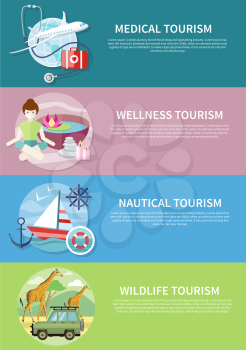 Wildlife Tourism. Wellness tourism. Flat design style modern concept of medical services abroad, along with the rest. Sailing vessel in clear blue water. Nautical tourism on banners