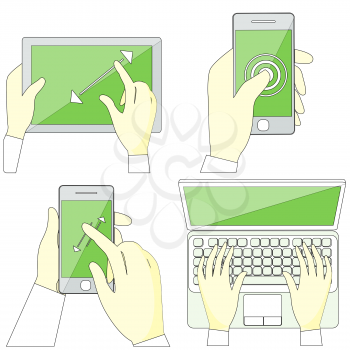 Set with hands typing on keyboard of laptop, hold smartphone showing some of multitouch gestures in flat design. Stroke icons concepts in monochrome colors on white. For web site construction, banners