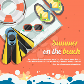 Travel concept summer on the beach on stylish background. Traveling, planning a summer vacation, tourism, objects for beach holiday in flat design. For web construction, mobile applications, banners 
