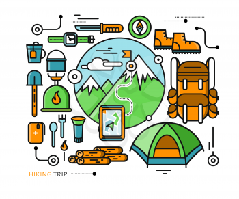 Mountains with snow peaks and tourist equipment. Hiking trip. Mountaineering. Travel. Stroke icons for web design, analytics, graphic design and in flat design