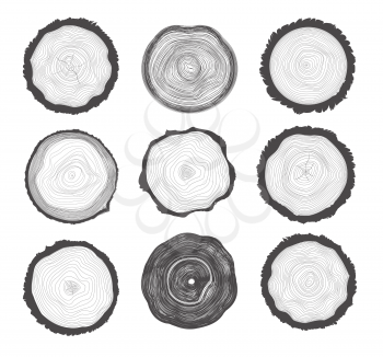 Collection set of 9 tree rings. Black color on white background