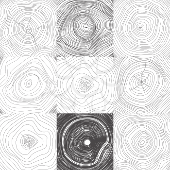 Collection set of 9 tree rings backgrounds. Black color on white background