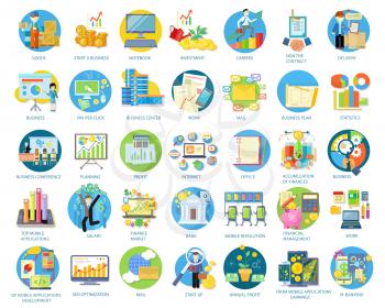 Set of busines round icons in different items such as business plan, statistics, business conference, planning, top mobile applications, earnings from mobile applications in flat on white background