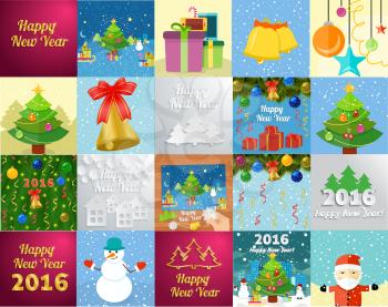Set of snowflake and New Year 2016 greeting card with decorated christmas tree, snowmans and gifts against the background of glowing cards