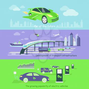 Concept of development of transport infrastructure maritime and air. Transportation future growing, electric vehicle popularity, traffic automobile, auto technology illustration