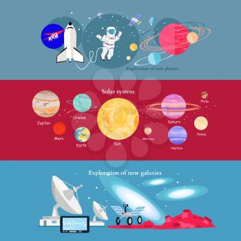 Space exploration cosmic industry. Galaxy and solar system, space science, universe and astronomy, discovery and travel of spacecraft, shuttle equipment, astronaut or spaceman explorer illustration