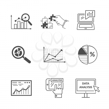 Set of black icons data analysis. Information optimization, trend development, idea and strategy, financial growth, infographic seo, process finance statistic. Set of thin, lines icons