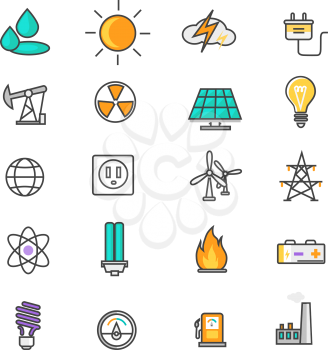 Set of thin lines icons energy and resource icon set power and energy production, electric industry, natural energy sources. Flat thin line icons modern design style