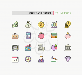 Set of financial service items, banking accounting tools, stock market global trading and money objects and elements. Flat thin line icons modern design style