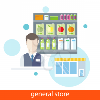 Supermarket general store. Shelfs with food and potables near seller in flat design style. Icons on white background