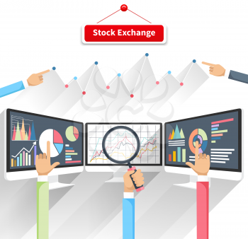 Price movement. Stock exchange rates on monitor. Profit graph diagram. Electronic stock numbers. Profit gain. Business stock exchange. Live online screen. Concept on white background in flat design