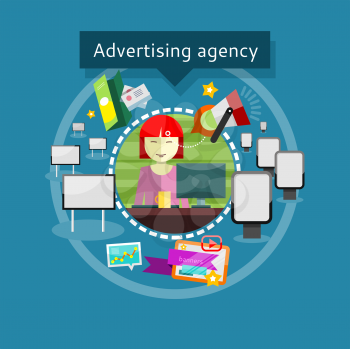Concept of Advertising agency. Lady advertising agent in office presents ideas and types of promotional products around For web site construction, mobile applications, banners, corporate brochures etc