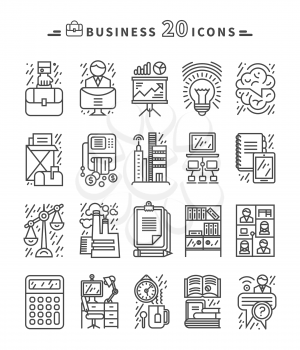 Set of black business thin, lines, outline icons for marketung, production, account, balance, accounting, management on white background. For web and mobile applications 