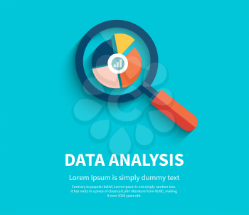 Banner with magnifying glass and multi-colored pie chart with the name Data analysis on blue background. For web construction, mobile applications, banners, corporate brochures, book covers, layouts 