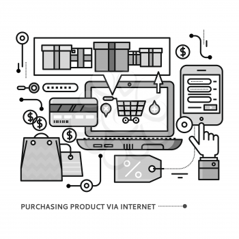 Concept of purchasing, delivery of product via internet.  Thin, lines, outline icons elements of online shopping computer, mobile phone, online store, credit card on white background