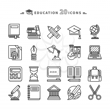 Set of black education thin, lines, outline icons. Items for study ruler, pencil, microscope, backpack, computer, palette, glasses on white background. For web and mobile applications 