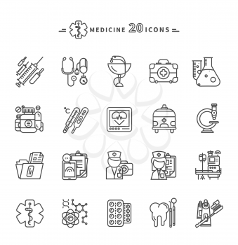 Set of black medicine thin, lines, outline icons. Items for for medical care, medicines, tools, results of the survey, badges on white background. For web and mobile applications 
