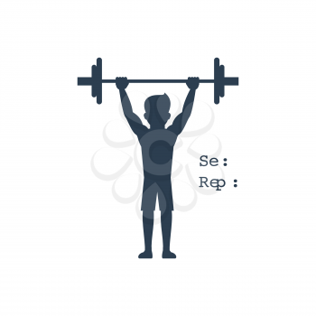 Sport silhouettes icon in black color on white background with text Set Reps. Man raises barbell. For web construction, mobile applications, banners, brochures, books, layouts etc.
