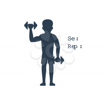Sport silhouettes icon in black color on white background with text Set Reps. Man raises dumbbells. For web construction, mobile applications, banners, brochures, books, layouts etc.