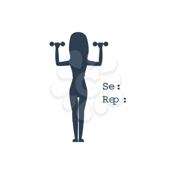 Sport silhouettes icon in black color on white background with text Set Reps. Women raises dumbbells. For web construction, mobile applications, banners, brochures, books, layouts etc.