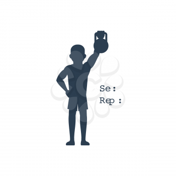Sport silhouettes icon in black color on white background with text Set Reps. Atlete pulled up his left arm with kettlebell. For web construction, mobile applications, banners, brochures, books