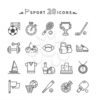 Set of black sport thin, lines, outline icons in flat design on white background. Hockey, bat, stick, racket, tennis, baseball, badminton, tennis ball, ping pong silhouettes. For web and mobile applic
