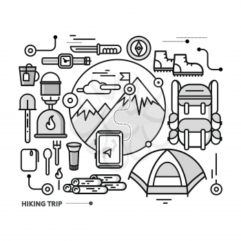 Mountains with snow peaks and tourist equipment. Hiking trip. Mountaineering. Travel. Thin, lines, outline icons for web design, analytics, graphic design and in flat design