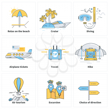 Set of thin lines icons on white background. Traveling, summer vacation, journey. Items in flat design. For web site construction, mobile applications, banners, corporate brochures book covers layouts