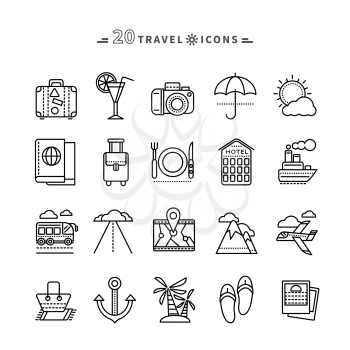 Set of black travel thin, lines, outline icons. Attributes of summer beach holiday, bus, hotel, guide, suitcase, road, aircraft, ship on white background. For web and mobile applications 
