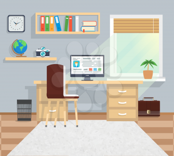 Modern business office workspace with desk, computer with interface, books in minimalistic style and color. Part of the workflow. For web banners, marketing and promotional materials, presentation 