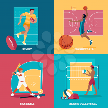 Team active aports with ball. Rugby and baseball, football and basketball,  sport and team game, activity play, competition and leisure, championship and player training illustration