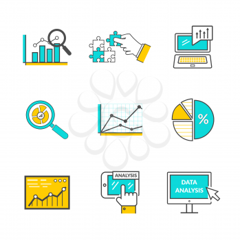 Set of icons flat style data analysis. Information optimization, trend development, idea and strategy, financial growth, infographic seo, process finance statistic illustration