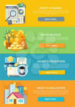 Concept of investment in education gold property. Finance business, wealth and money, financial bank, investing deposit, potential offer, invest market, banking economy development illustration