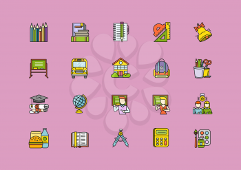 Set of colorful school thin, lines, outline, strokes icons. Items for school study, pencil, bag, breakfast, dividers, globe, student, bell on purple background. For web and mobile applications 