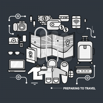 Preparing to travel. Necessary items for the journey. What to pack.  Thin, lines, outline icons for web design, analytics, graphic design and in flat design on black monochrome color background