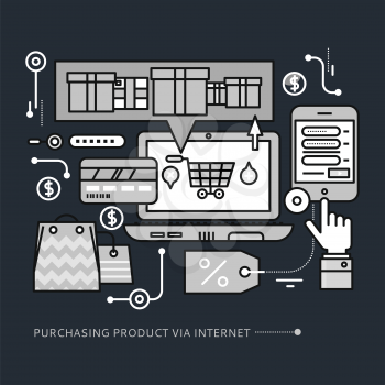 Concept of purchasing, delivery of product via internet.  Thin, lines, outline icons elements of online shopping computer, mobile phone, online store, credit card monochrome color on black