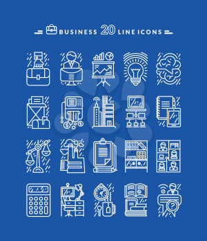Set of white business thin, lines, outline icons for marketung, production, account, balance, accounting, management on blue background. For web and mobile applications 