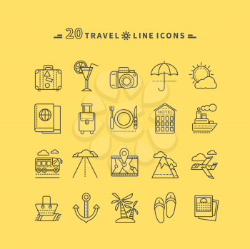 Set of black travel thin, lines, outline icons. Attributes of summer beach holiday, bus, hotel, guide, suitcase, road, aircraft, ship on yellow background. For websites and mobile applications 