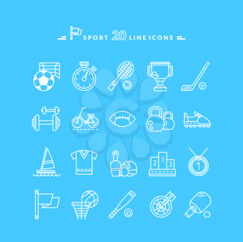 Set of white sport thin, lines, outline icons in flat design on blue background. Hockey, bat, stick, racket, tennis, baseball, tennis ball, ping pong silhouettes. For website and mobile applications 