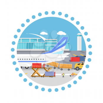 Loading freight containers in a cargo plane. Transportation and delivery, logistic shipping, service industry, load airplane, airport terminal, import express and distribution freighter. Round concept