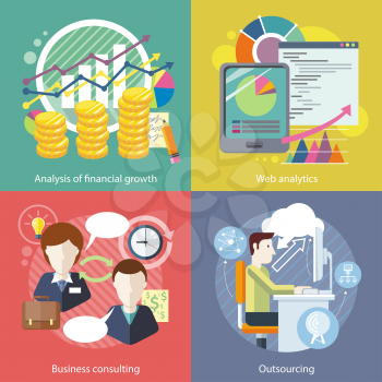 Outsourcing web analytics. Analysis financial growth. Business consulting, statistic and strategy, consultant and research, marketing optimization illustration in flat design