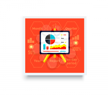 Stand with charts and parameters on red. Business concept of analytics. Poster banner on white background. Presentation and analysis, rating and performance indicators.