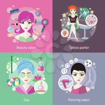 Set of salons, beauty tattoo, piercing. Spa and parlor, face care, girl fashion, hair and cosmetic, woman haircut, elegant hairstyle, elegance visage, banner cosmetology illustration