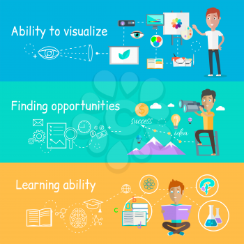 Business ability of visualize learning. Finding opportunities, professional learn and development, skill and motivation, vision strategy, person creative man illustration in flat design