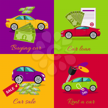 Concept of buying selling rental car. Buy transport, auto rent, sale and loan, automobile and vehicle, purchase and deal, credit and pay, offer and money illustration