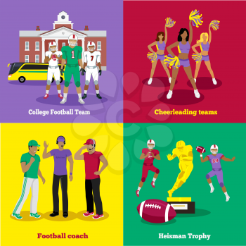 American football trophy, football coach and team. Cheerleading sport, rugby football, uniform game, competition player, athlete and dance, teamwork and victory, athletic play illustration flat design