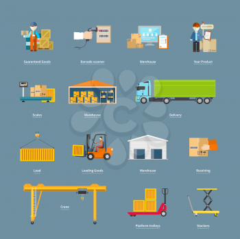 Set of icons transport logistics concept. Warehouse and production, stackers and trolley, scanner barcode, guaranteed and loading, crane and logistic illustration