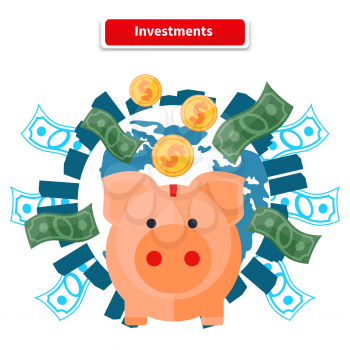 Investment concept capitalization, money savings. Piggy bank, coin planet. Investment concept, finance, money, investor stock market, savings, business, bank. Pig of earth with buildings and money