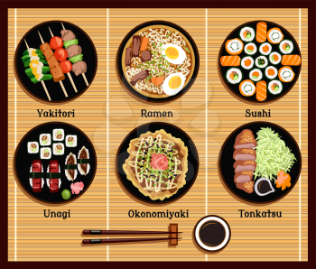 Japanese cuisine set dishes flat style. Yakitori ramen sushi unagi okonomiyaki tonkatsu, dish traditional, fish dinner, delicacy and chopsticks illustration